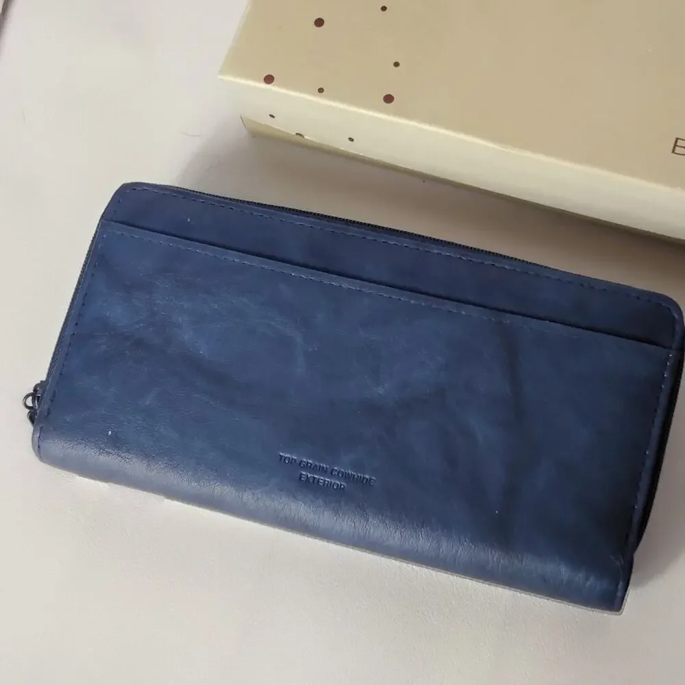 Buxton Top Grain Cowhide Leather Wallet Women's Blue Grey Floral Snap *FLAWED*